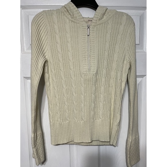 DKNY Jeans Cropped Sweater Women's Size L Ivory Long Sleeve Hoodie Chunky Knit - Picture 1 of 7